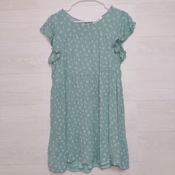 Gilli Blue Green Floral Print Cap Sleeve Mini Swing Dress size medium - Picture 1 of 7